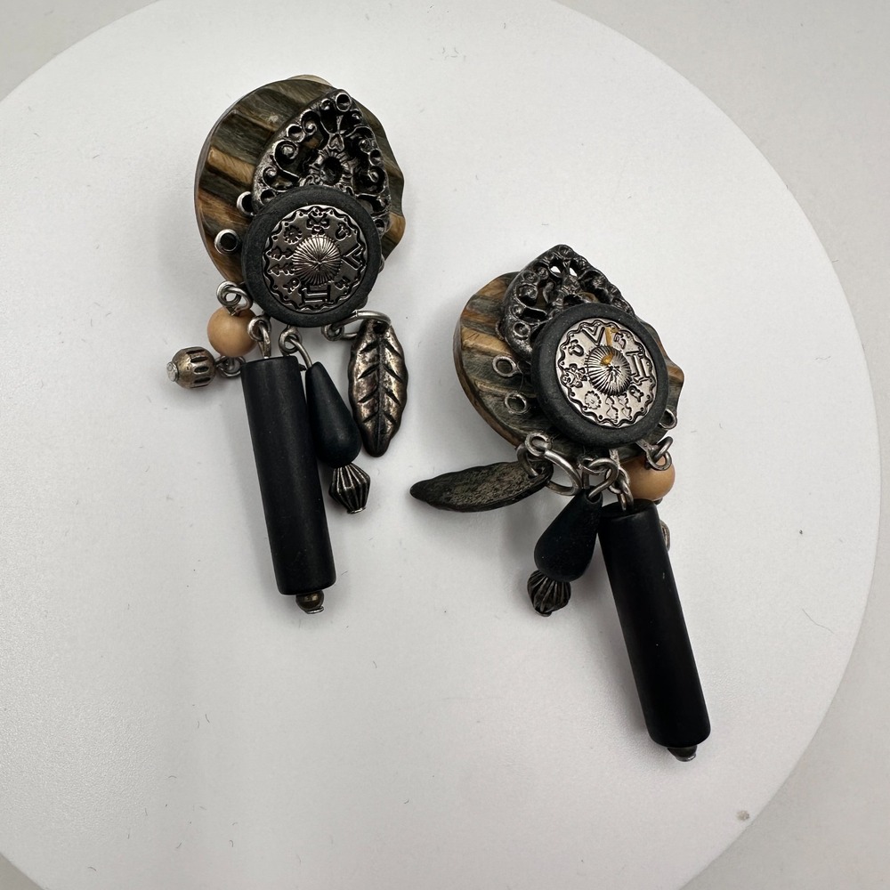 Vintage 90s Boho Dangle Earrings Black Wood Silver Leaf Women's Jewelry